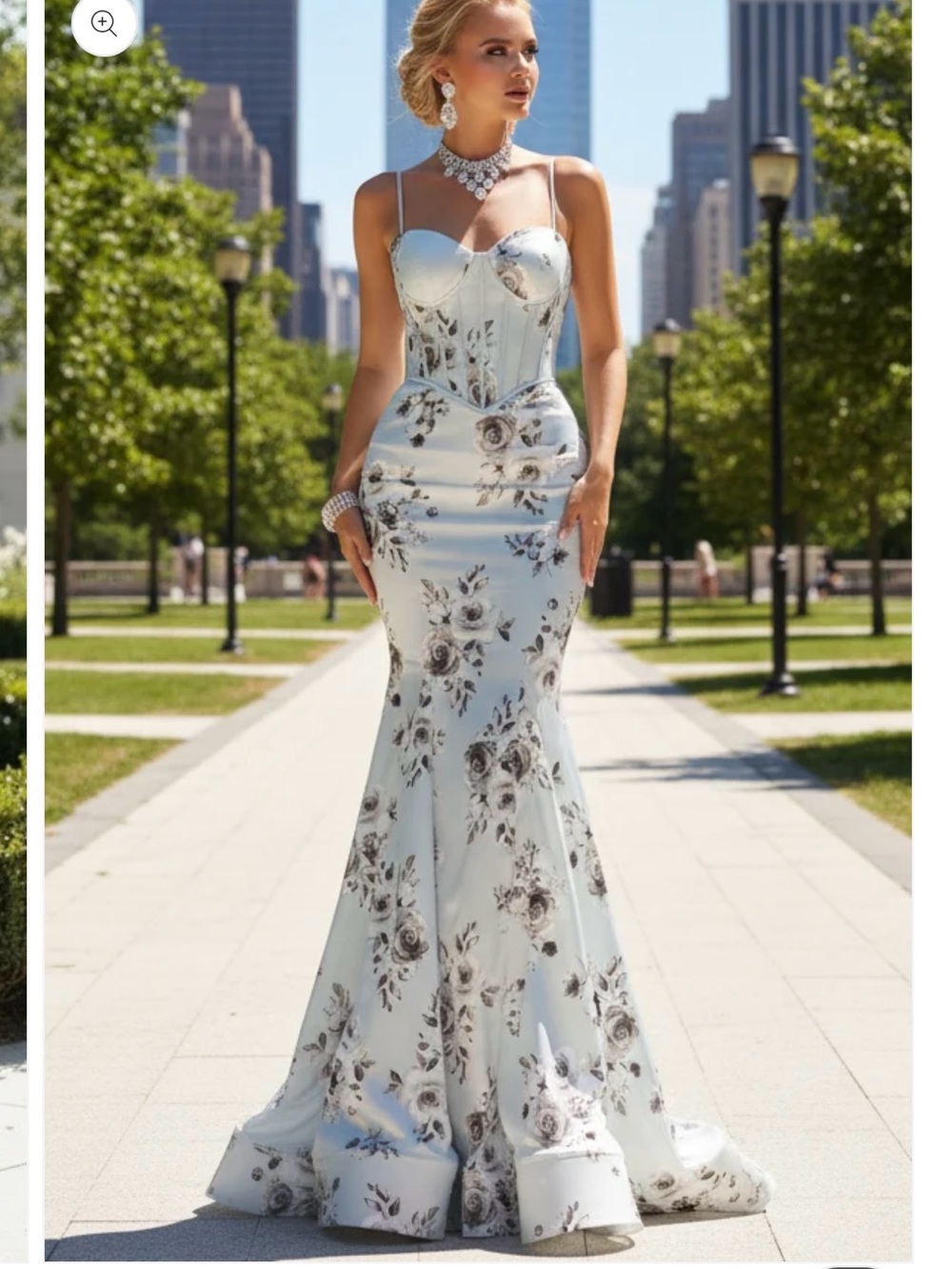Portia and Scarlett Light Blue Floral Satin Mermaid Gown